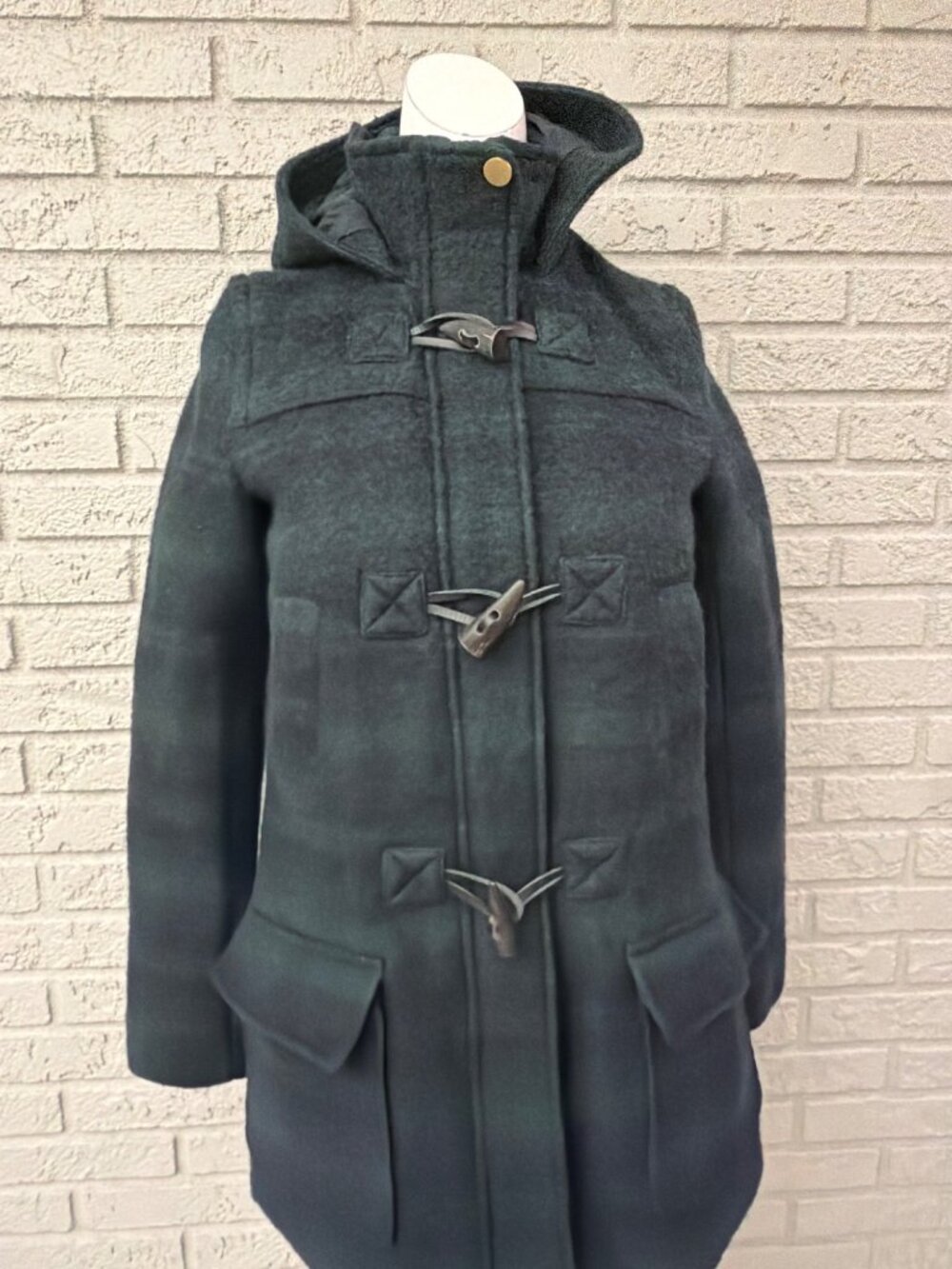 Zara Trafaluc Outerwear Wool Blend Toggle Hooded Duffle Green Blue Tartan Coat S